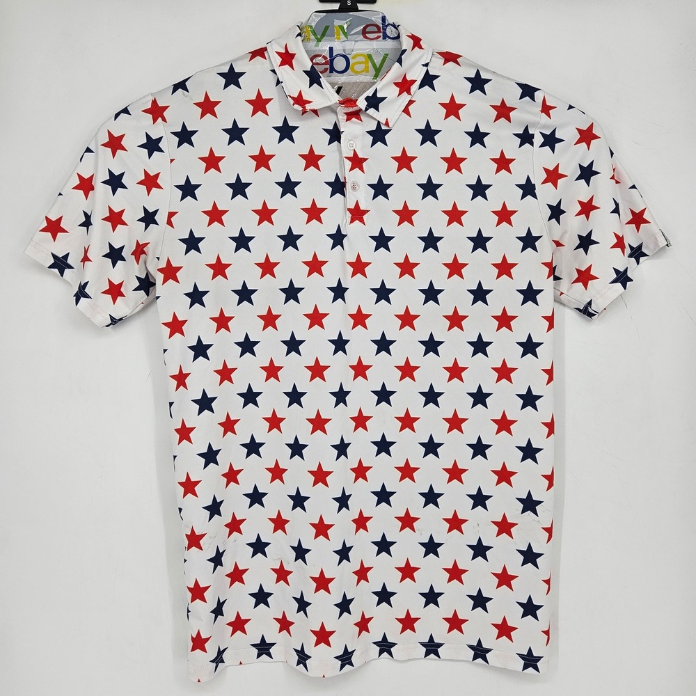 Proud 90 Polo Shirt Mens XL Red Blue White Stars‎ Golf Performance Short Sleeve